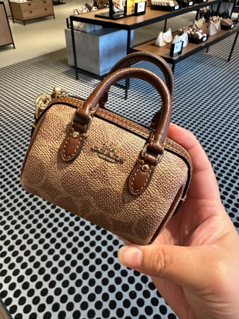 NWT! Coach CX068 Mini Rowan Satchel Bag Charm In Signature Canvas Tan/Brown/Gold